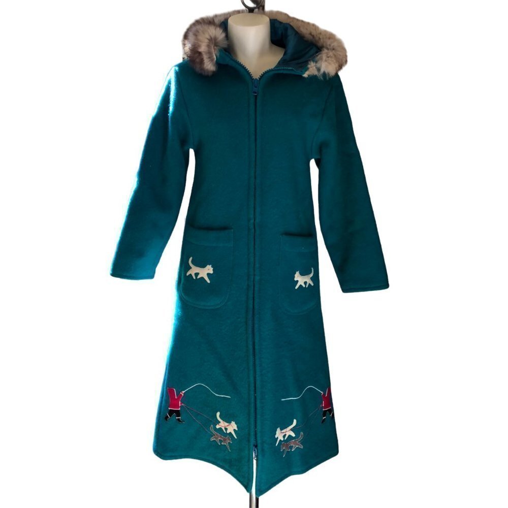 𝅺Northern Transition Custom Made Unique Felt Wool Long Coat w/ Fox Fur Hood XS